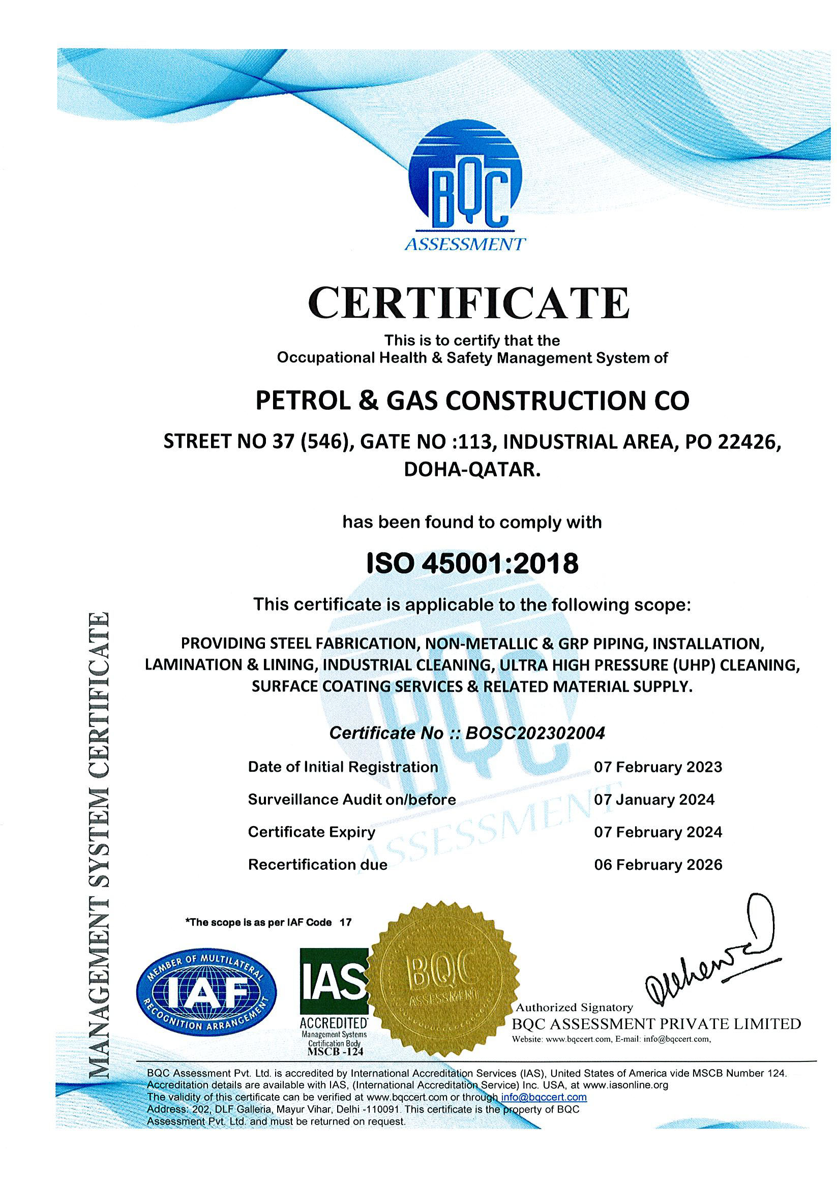 ISO 45001:2018 Certificate